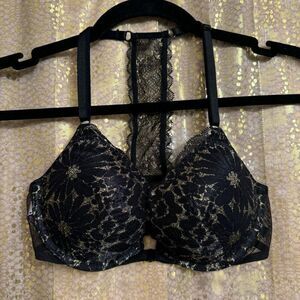 Victorias Secret Black Metallic Gold Push Up Front Clip Racerback Bra 32C